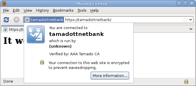 Firefox böngésző képernyőképe az tamadottnetbank oldalra navigáláskor. A képen látszanak a tanúsítvány részletei is, köztük az, hogy az oldal tanúsítványát a korábban létrehozott Tamado CA írta alá.