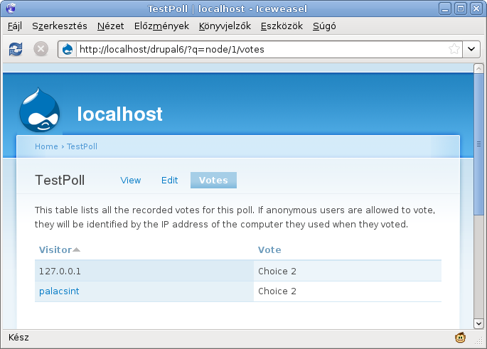 Képernyőmentés egy Drupal oldalról, amelyen egy szavazásnál a felhasználók által leadott szavazatok láthatóak felhasználónként listázva.